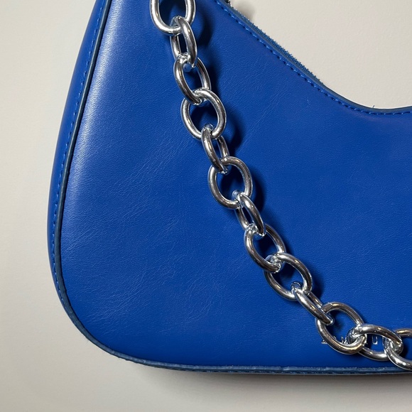 Blue Asymmetrical Baguette Bag with Silver Chain - Picture 2 of 7